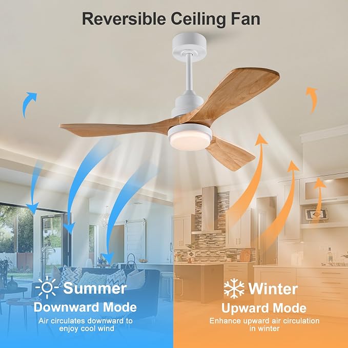 42 Inch Outdoor Ceiling Fans with Lights and Remote Control, Dimmable Outdoor Ceiling Fans for Patios 3 Blade Wood White Natural Wood Bedroom Ceiling Fan with Light, Wall Switch