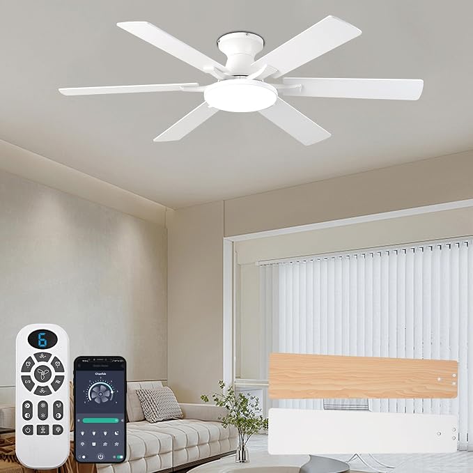 Ceiling Fans with Lights,54 Inch Low Profile Ceiling Fan with Light and Remote Control,6 Speeds/6 Blade,Flush Mount,LED Dimmable DC Reversible Modern, White Ceiling Fan for Bedroom/Living Room