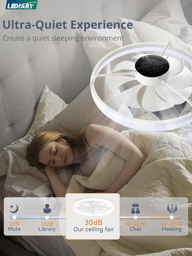 LEDIARY Ceiling Fans with Lights, 23 inch Low Profile Flush Mount Ceiling Fan, Dimmable LED, APP & Remote Control, Quiet Reversible DC Motor, 6 Speeds, Fandelier for Bedroom, White