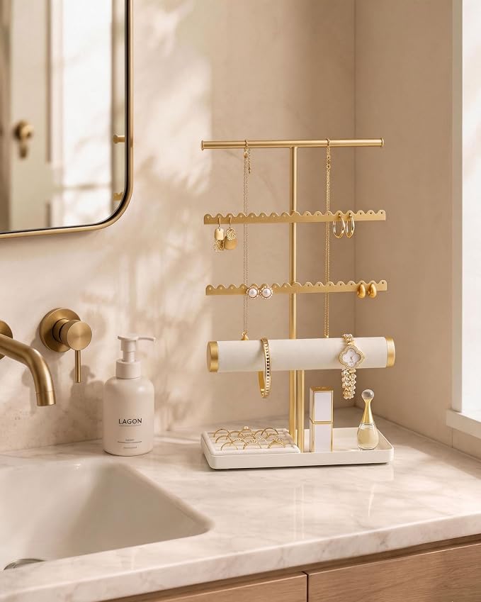 Lolalet Jewelry Organizer Stand, Necklace Bracelet Holder -Gold | Space-Saving Jewelry Display Storage Rack on Vanity Dresser for organizing Earrings Bangels Rings