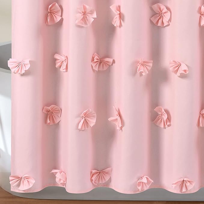 Lush Decor Riley Shower Curtain, 72" W x 72" L, Pink - Bathroom Curtain - Coquette Decor - Bow Shower Curtains - Cottage Core - Fabric Shower Curtains