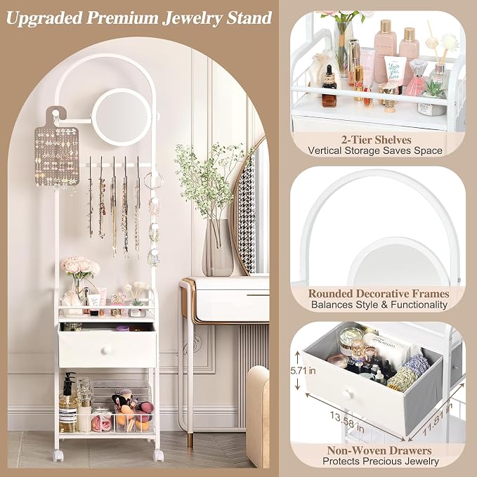 Keebofly Floor Jewelry Organizer with Adjustable Mirror & Drawer | 67.5" Tall Mobile Jewelry Tower with 6 Acrylic Pegboards, Large Drawer & Wheels, Perfect Floor Organizer for Women