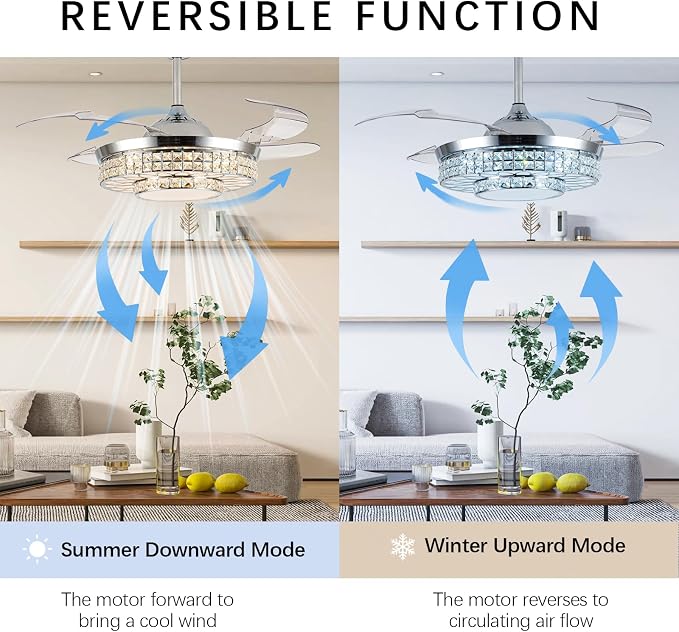 42" Retractable Ceiling Fans with Lights, Crystal Chandelier Ceiling Fan with Remote & APP Control, Modern Dimmable LED Fandelier for Living Room, Dinning Room, Bedroom (Silver)