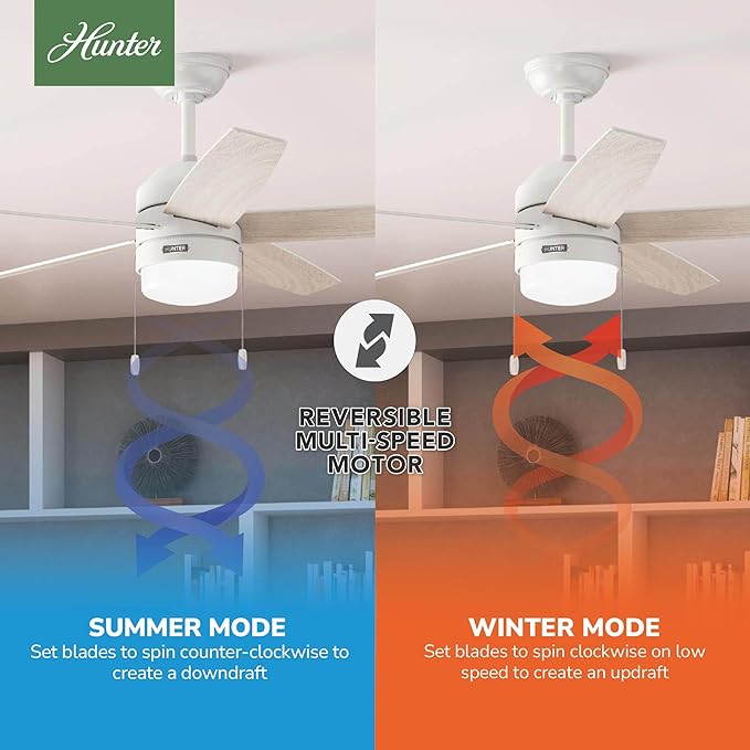 Hunter Bardot, Indoor, Ceiling Fan, Modern, 5 Blades, 52 inch, Fresh White | with LED Light and Pull Chain, Standard Mount, For Bedroom, Living Room, Kitchen, 52493