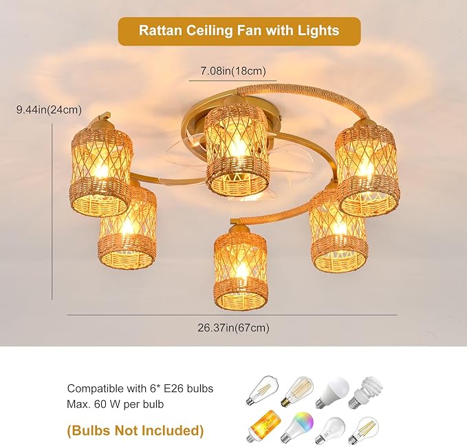Qcyuui Rattan Boho Ceiling Fan with Light,26.4'' Ceiling Fans with Lights and Remote Low Profile Ceiling Fan with Light with Reversible 6 Speeds for Kitchen Living Room Bedroom,E26 Base (Gold)