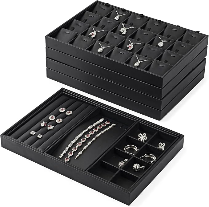 Oirlv Leather Multi-Function Jewelry Tray Black | Versatile Compartments for Rings/Earrings/Bracelets, Stackable Design