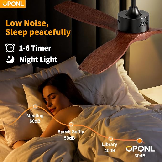 OPONL Ceiling Fan with Light, Ceiling fan with Light and Remote Control, Reversible, 6CCT, Dimmable, Noiseless, Ceiling Fan for Bedroom, Indoor/Outdoor Use, Black, 52 inch, Wood