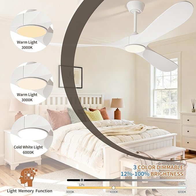 72 inch White Ceiling Fan with Light and Remote, Large Modern Outdoor Ceiling Fans with Lights for Patios Porch Indoor Living Room Bedroom Wood 3 Blade Propeller High CFM Damp Rated Fan