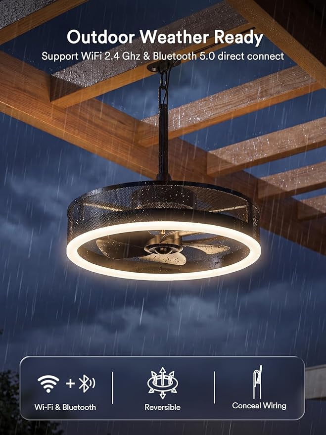 Lumary Smart Gazebo Ceiling Fans with Color Lights for Patios Outdoor, 20in | RGBAI+White Dimmable, Wi-Fi Bluetooth Connect, Work with Alexa/Google/APP, Waterproof Plug in Ceiling Fan with Hook/Remote