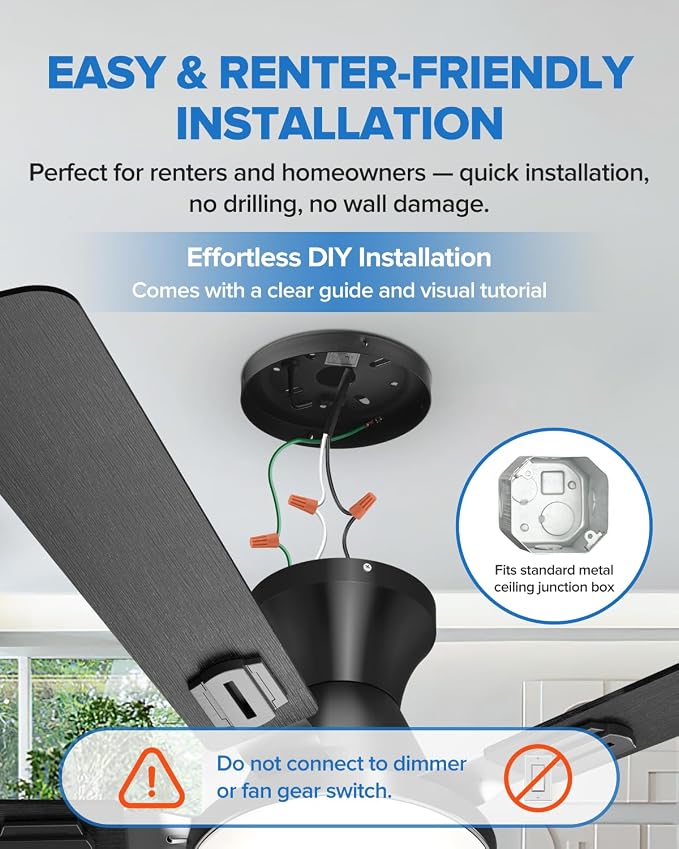 UME 60" Ceiling Fan with Lights & Remote, 6 Blades Low Profile Ceiling Fan, Quiet DC Motor, Natural Wind, 6 Speeds, 3CCT Dimmable 20W LED Modern Ceiling Fan for Bedroom, Living Room, Black