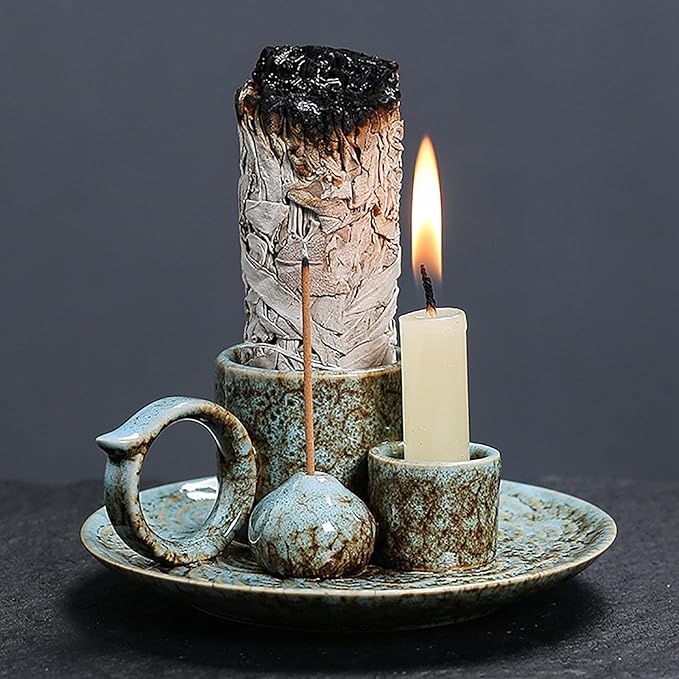 4 in 1 Ceramic Incense Burner Holder with Handle for Burning Sage, Palo Santo Stick, Joss Sticks, Candle in Your New House, Office, Yoga, Meditation Room (Speckled Blue)