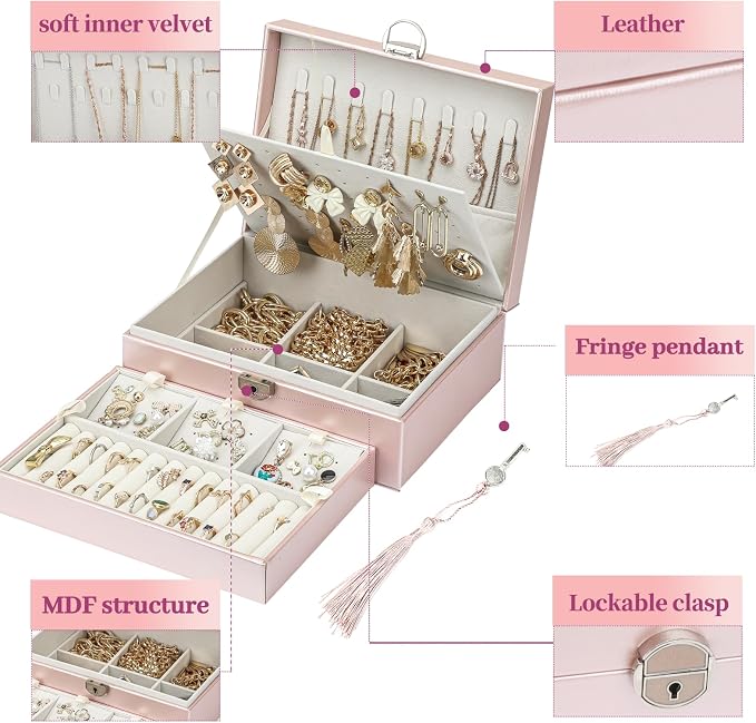 BOOVO Large Jewelry Boxes For Women (Rose Gold, 4 layer) | 4 Layers Jewelry Organizer Box With Cosmetic Storage Drawer, Necklace Ring Jewelry Organizer Box