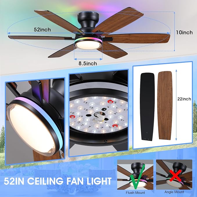 Kviflon 52" Ceiling Fans with RGB Lights, Low Profile Ceiling Fan with Remote/APP Control, Flush Mount, Double-Sided 6 Reversible Blades, RGB+3CCT Dimmable Lights, Double Lampshade for Bedroom, Brown