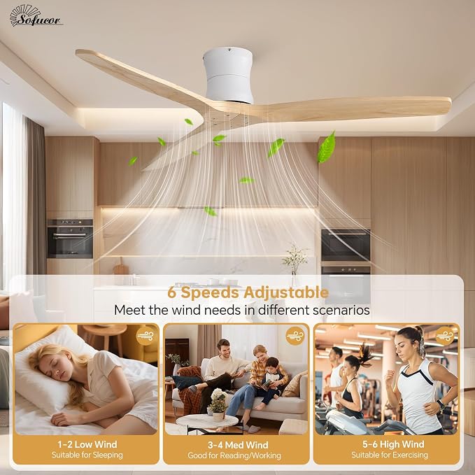 Sofucor 52" Smart Ceiling Fan No Light, Solid Wood Low Profile Ceiling Fan with Remote, Flush Mount Ceiling Fan Works with Alexa/Google/App 6-Speed Timing Reversible DC Motor for Living Room Bedroom