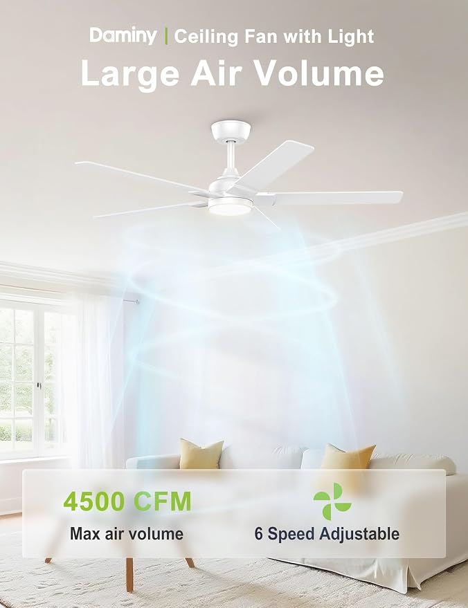 DAMINY 52 inch White Ceiling Fans with Lights,5 Blades,3CCT, Low Profile,Remote Control,for Bedroom, Kitchen,Living Room,Indoor/Outdoor Use,Downrod