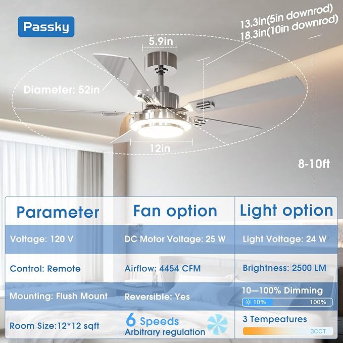 Passky Ceiling Fans with Lights, 52 inch Modern Ceiling Fan with Light and Remote Control, 3CCT, Dimmable, Reversible, Noiseless, Silver Ceiling Fan for Bedroom, Living Room
