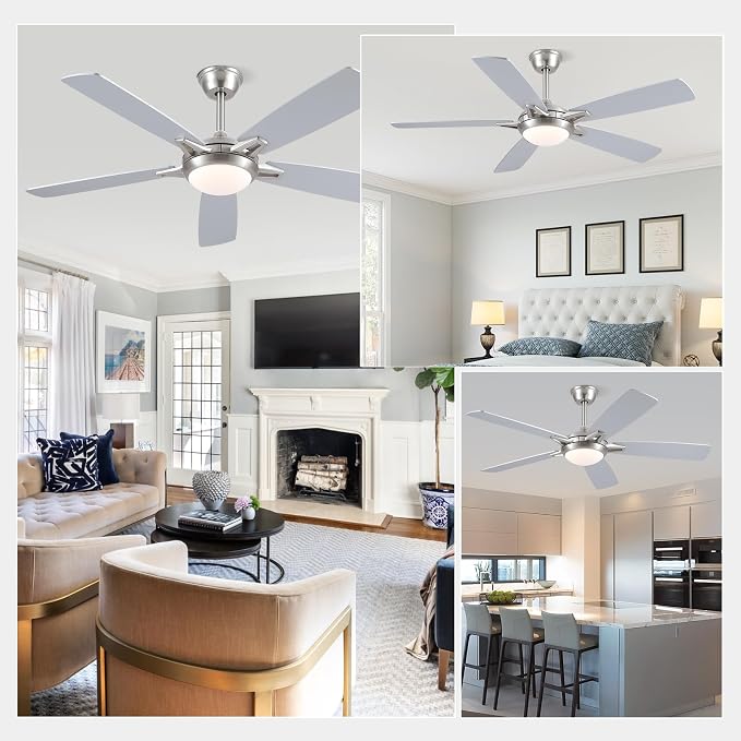 Kviflon 52 Inch Ceiling Fans with Lights and Remote, Modern Indoor Outdoor Ceiling Fan for Bedroom Living Room Patio Porch, 6 Speeds, Reversible Quiet Motor, Dual Finish Wooden Blades, Nickel