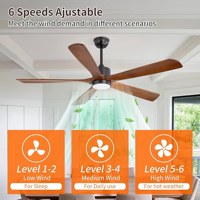 60 Inch DC Ceiling Fan Light 5 Walnut Blades UL Damp Rated | 5 walnut blades, dimmable 3000K-6500K LED, 6-speed reversible remote, UL damp rated for indoor outdoor farmhouse