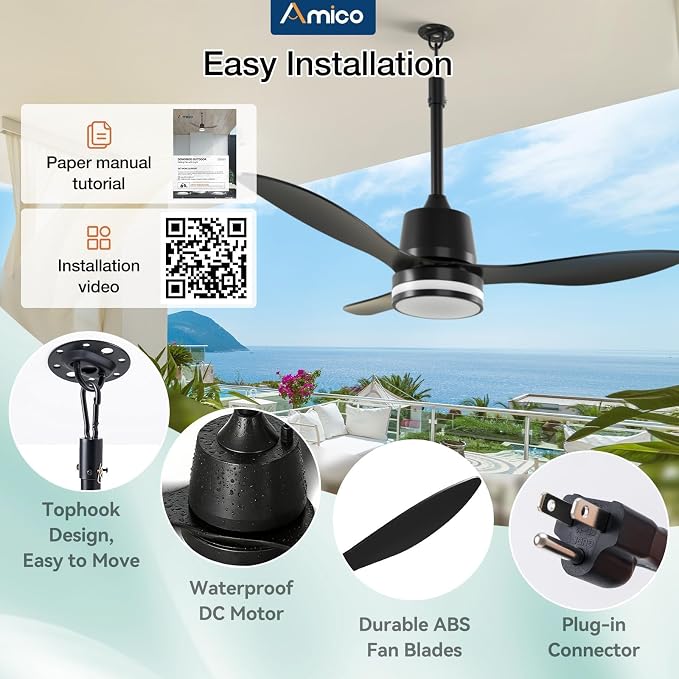 Amico 42 Inch Outdoor Ceiling Fans with Lights for Patios, IP65 Waterproof Gazebo Fan Remote Control, 3000-6000K, 6 Speeds, Hook Hanging Plug in Ceiling Fan for Patio Porch Pergola Garage Canopy