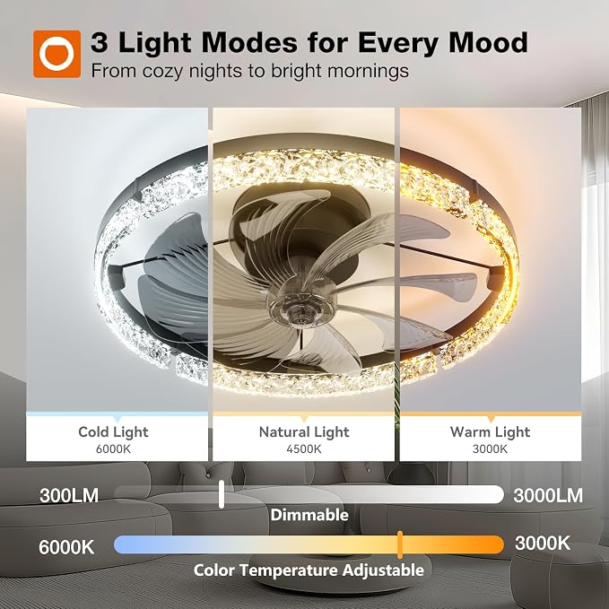 addlon Ceiling Fans with Lights and Remote, 20'' Low Profile Flush Mount Ceiling Fan, 3000–6000K Dimmable LED Fandelier, Bladeless Crystal Fan Light for Bedroom, Kitchen, Living Room, Black