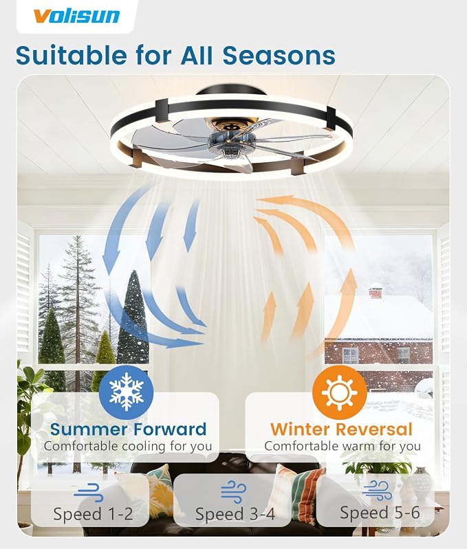VOLISUN Ceiling Fans with Lights and Remote, 23.6in Low Profile Ceiling Fans with Light, 3000K-6500K Dimmable Fandelier Ceiling Fan, Black Flush Mount Ceiling Fan for Bedroom