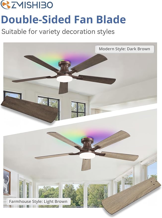 ZMISHIBO 52 Inch Ceiling Fan with RGB Lights, Low Profile Flush Mount with Alexa/App/Remote, Dimmable 20W LED Light, Brown Farmhouse for Living Room, Bedroom, Game Room
