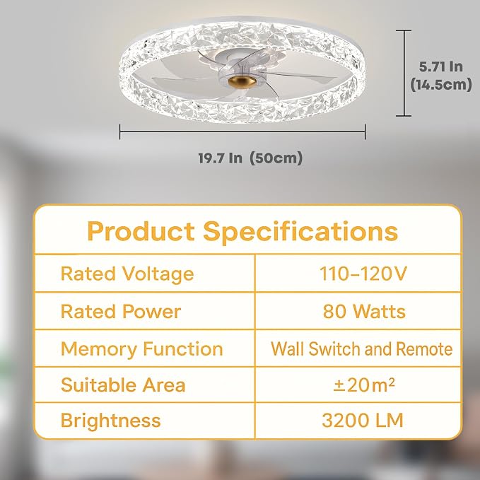 FSZDORJ 20'' Ceiling Fan with Light and Remote, Low Profile Ceiling Fan with Light, Dimmable Flush Mount Ceiling Fan Light, 6 Speeds Fan, App&Remote Control, Fandelier Quiet Fan for Bedroom F098 White