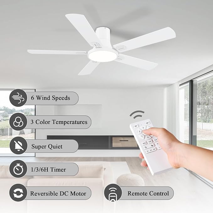 SNJ 52 Inch White Ceiling Fans with Lights and Remote,Flush Mount Low Profile 5 Blades Ceiling Fan,Dimmable Quiet Reversible DC Motor for,Living Room,Bedroom and Patio