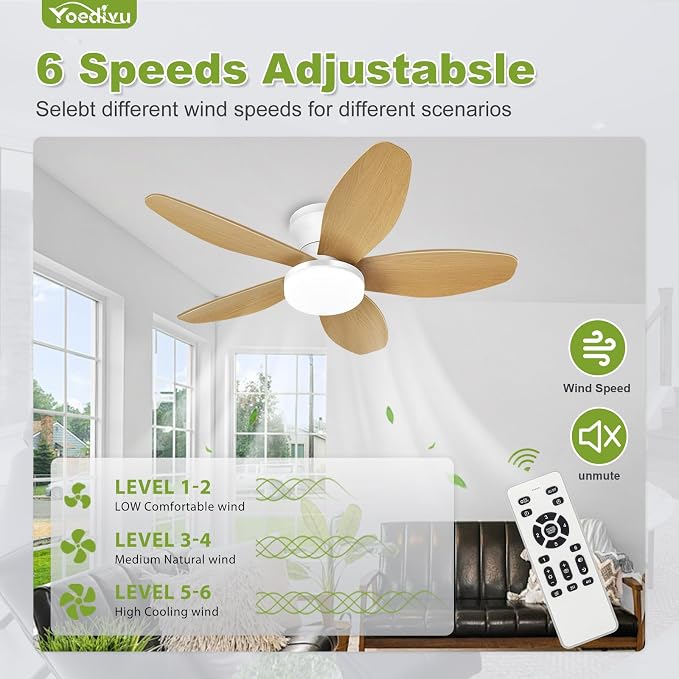 Ceiling Fans with Lights - 35 Inch Small Low Profile Ceiling Fan and Remote,Flush Mount Ceiling Fan with 5 Reversible Blades 6 Wind Speeds, White&Wood Modern Ceiling Fans for Bedroom Kitchen
