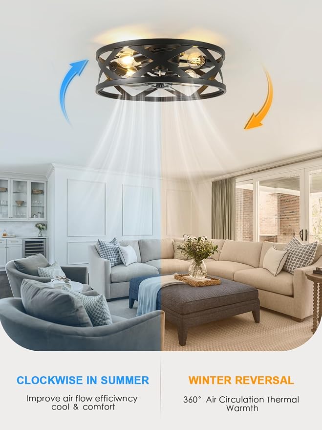 20 Inch Caged Ceiling Fan Light with Remote, Black Flush Mount Bladeless | Ceiling Fan with 6 Speed Reversible DC Motor, Fandelier Ceiling Fans with Lights for Kitchen bedroom