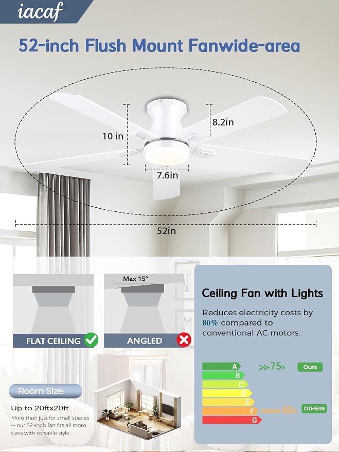 Ceiling Fans with Lights, 52 Inch Ceiling Fan with Light and Remote/APP, Low Profile Ceiling Fan with Light, DC Reversible, 6 Speed Noiseless LED Ceiling Fan, White Small Ceiling Fan for Bedroom