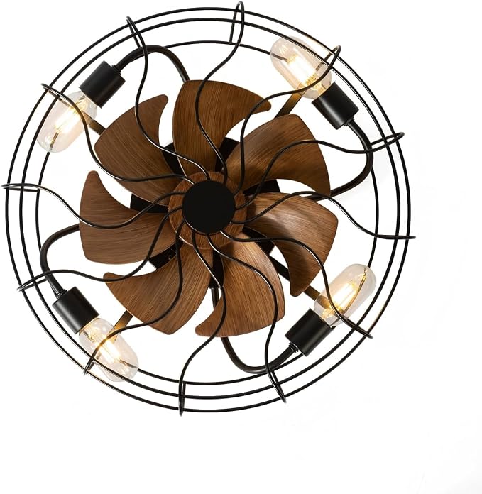 ZYD Caged Ceiling Fan with Light, 19" Caged Industrial Ceiling Fans with Lights and Remote Flush Mount, Small Farmhouse Ceiling Fan with Light Low Profile 6 Speed Reversible with Timing - Black