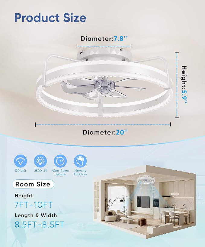 Ceiling Fan with Lights, 20'' Low Profile Ceiling Fans, 3000-6000K Dimmable Fandelier LED Fan Light, White Modern Flush Mount Ceiling Fan, 6 Speeds Reversible DC Motor Noiseless for Bedroom, Kids Room