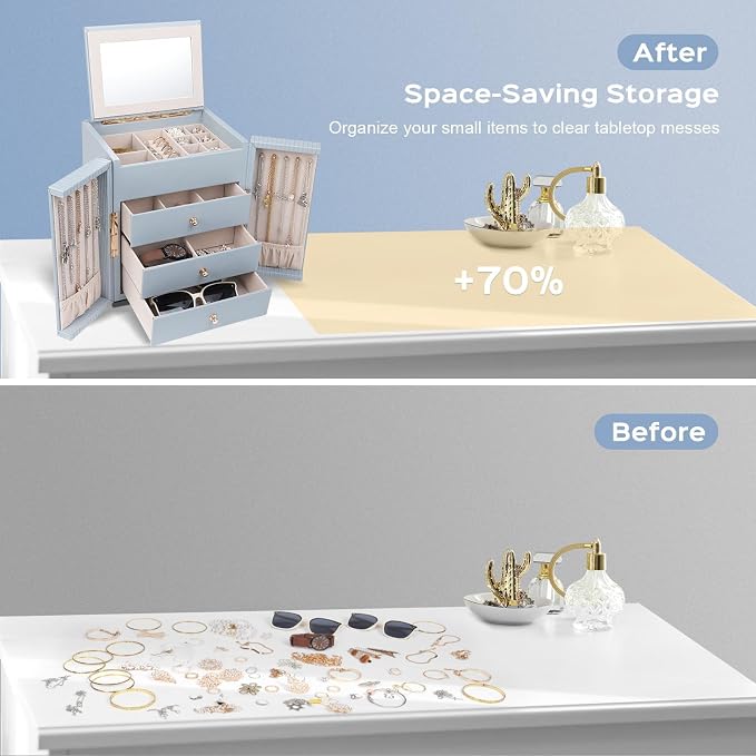 Dajasan Large Jewelry Box Organizer, Jewelry Storage Organizer with 3 Drawers, Huge Jewelry Box with Mirror for Women Girls, Double Door, Textured PU Leather, Gift Idea, Stylish (Blue + Gold)