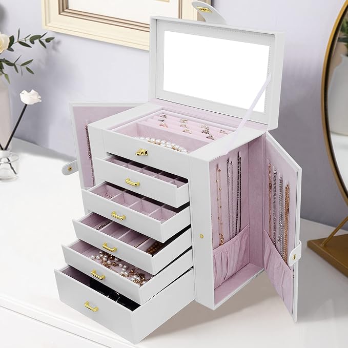 AKOZLIN 6-Tier Jewelry Box Organizer Functional 5 Drawers Leather Jewelry Storage Case for Women Girls Ring Necklace Earring Bracelet Holder Organizer with Mirror Extra Large White
