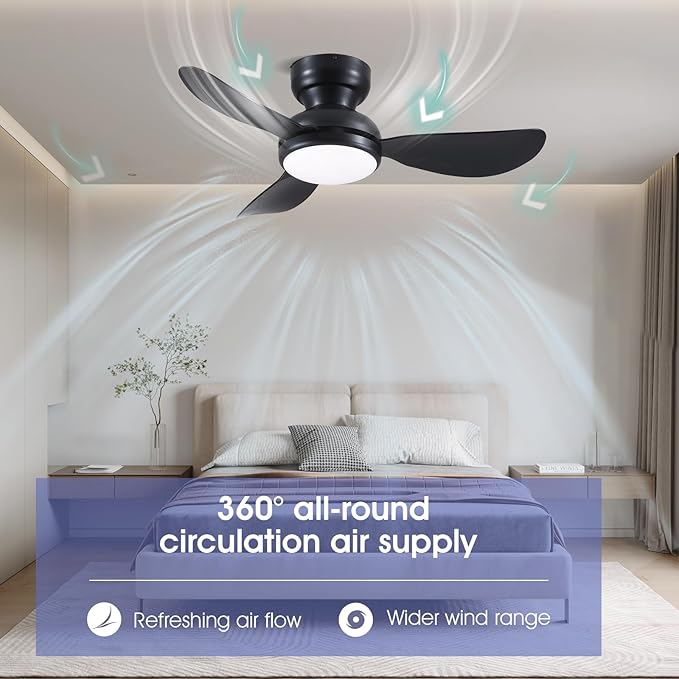 Kviflon 36 Inch Flush Mount Ceiling Fan with Light, 3 Reversible Blades, Remote & APP Control, 3 CCT Dimmable for Bedroom Living Room, Black