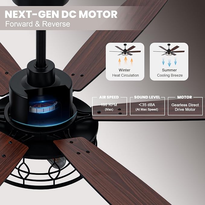 Dawn Whisper Black Ceiling Fans with Lights 60 Inch Farmhouse Ceiling Fan with Remote Quiet Reversible DC Motor 6 Speeds 8 Blades Large Industrial Chandelier Fan for Living Room Bedroom