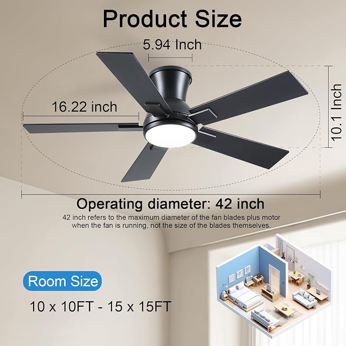 Modern Ceiling Fans with Lights - 42 inch Low Profile Ceiling Fan with Light and Remote, Flush Mount Reversible DC Motor, 6-Speed Quiet LED Dimmable for Bedroom, Indoor and Outdoor, Patios Black