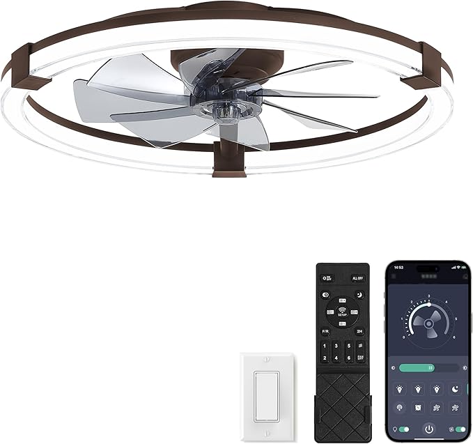 LEDIARY Ceiling Fans with Lights, 23 Inch Low Profile Ceiling Fan with Remote, 6 Speeds, Reversible, Dimmable Flush Mount Fan Light, Modern Fandelier Ceiling Fan with Lights for Bedroom, Brown