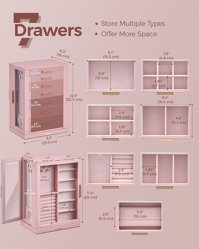 Glimmloop 360° Rotating Jewelry Box with 7 Drawers, Spacious Vertical Jewelry Organizer with Glass Window, Jewelry Storage Case, Dustproof & Moisture-resistant Design, Pink