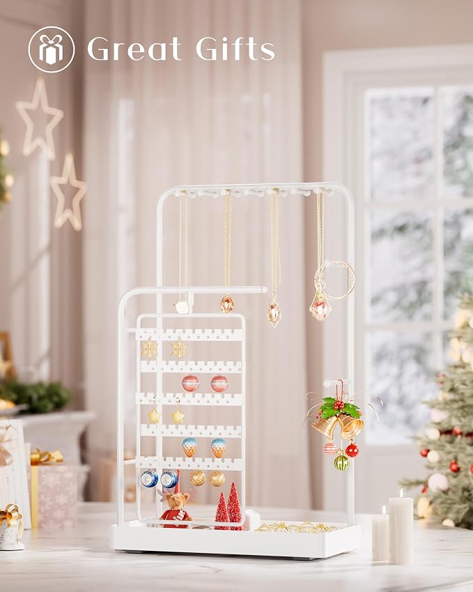 ProCase Jewelry Stand Holder Organizer and Storage, White (No-Assembly) | Rotating Earring Bracelet Holder Storage, Hanging Jewelry Display Velvet Ring Tray, Teen Girls Birthday Gifts Room Dorm Decor