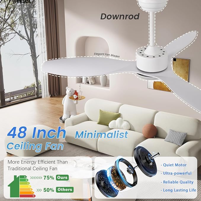 48 inch White Ceiling Fans with Lights and Remote, Modern Ceiling Fan with 3 Blades, Quiet Reversible DC Motor, 3 Color Dimmable Lights,6 Speed, for Bedroom Living Room Indoor Outdoor Patios