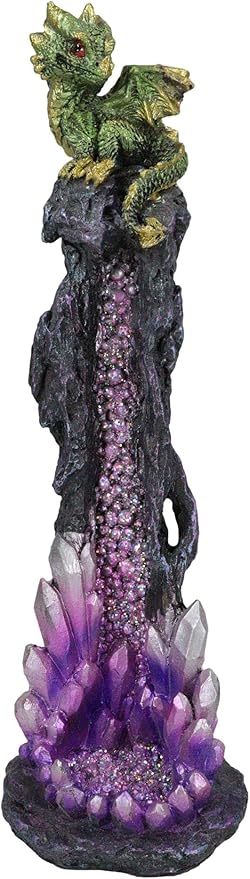 Ebros Gift Green Gaia Baby Dragon Guarding Faux Geode Quartz Crystal Quarry Rock Pillar Incense Burner Holder Figurine 10" High Fantasy Mythical Dungeons and Dragons Home Decorative Accent Statue