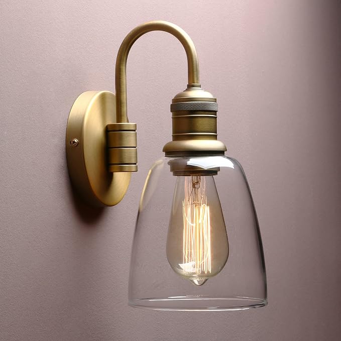 Yosoan 1-Light Brass Modern Vintage Indoor Wall Sconce, Vanity Single Luxury Hardwired Retro Textured Clear Oval Cone Glass Shade with Industrial Curved Rod Bathroom Lamp(Antique)