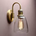 Yosoan 1-Light Brass Modern Vintage Indoor Wall Sconce, Vanity Single Luxury Hardwired Retro Textured Clear Oval Cone Glass Shade with Industrial Curved Rod Bathroom Lamp(Antique)