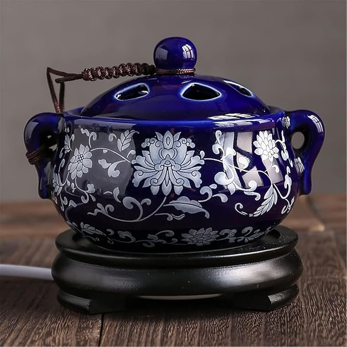 Electric Resin Burner with Timer, Ceramic Electric Incense Burner, Burner Censer 110V for Home Porch, Patio, Garden, Office, Yoga, Living Room, Meditation Room (Blue)