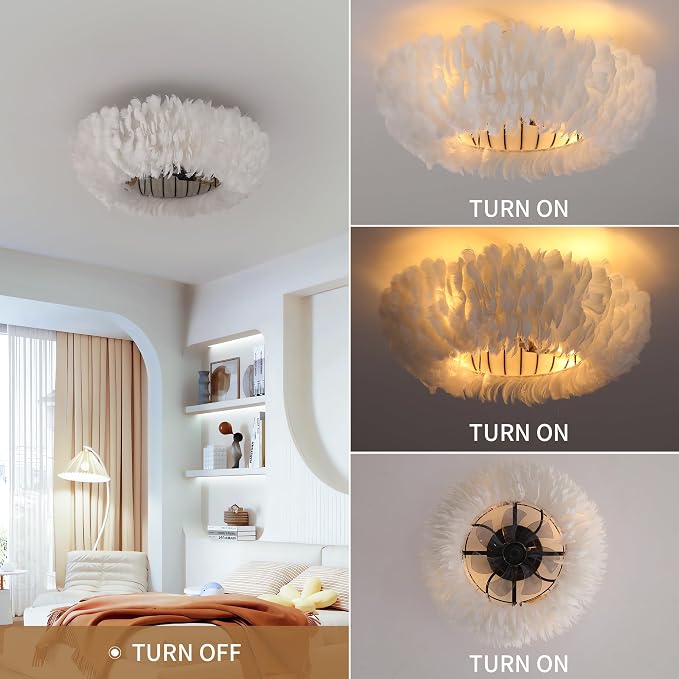 20" Modern Ceiling Fans with Lights and Remote Control，White Feather Chandeliers Stylish Low Profile Ceiling Fan for Bedroom, Living Room and Small Spaces,Featuring Reversible Motor, 6 Speeds