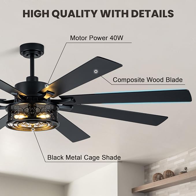 Dawn Whisper 72 Inch Ceiling Fans with Lights Black Farmhouse Ceiling Fan with Remote Quiet Reversible DC Motor 6 Speeds 8 Blades