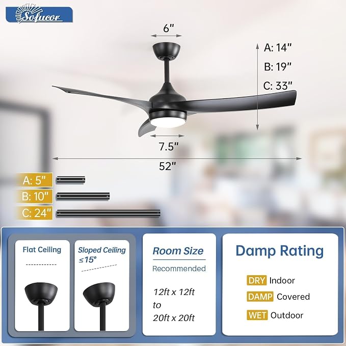 Sofucor 52 Inch Ceiling Fan with Light, Outdoor Black Ceiling Fan with Lights Remote Control Airflow 6000CFM 3 CCT Dimmable 3-Timer ABS 3 Blades Reversible DC Motor for Living Room Bedroom Patio