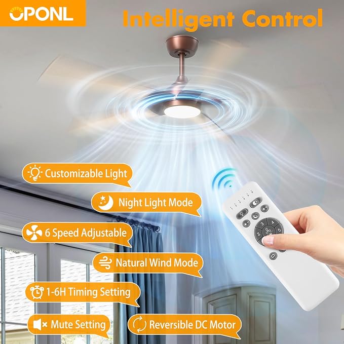 OPONL Ceiling Fan with Light, Ceiling fan with Light and Remote Control, Reversible, 6CCT, Dimmable, Noiseless, Ceiling Fan for Bedroom, Indoor/Outdoor Use, Brown, 52 inch, Modern